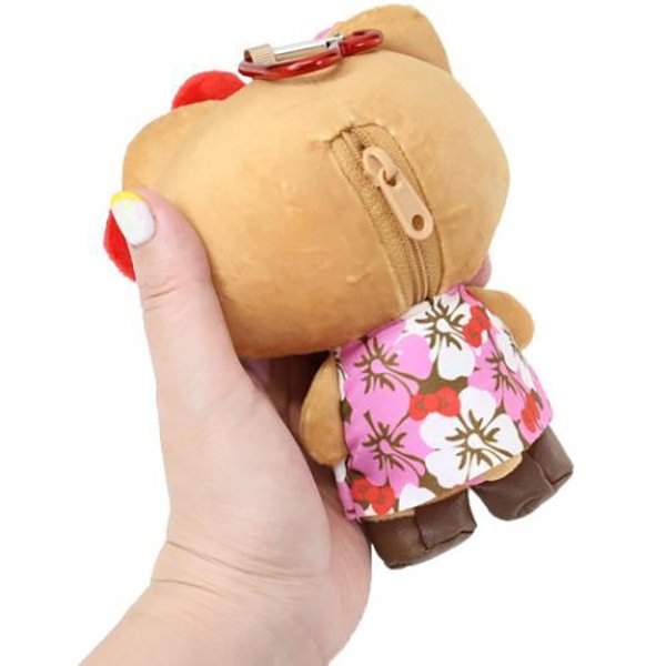 Sanrio Mini Plush Pouch with Carabiner - Hello Kitty : Retro Heisei Kogal Hibiscus