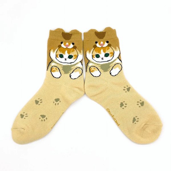 Mofusand Fluffy Low Crew Socks - Pink Beanie Cat Embroidery Cream