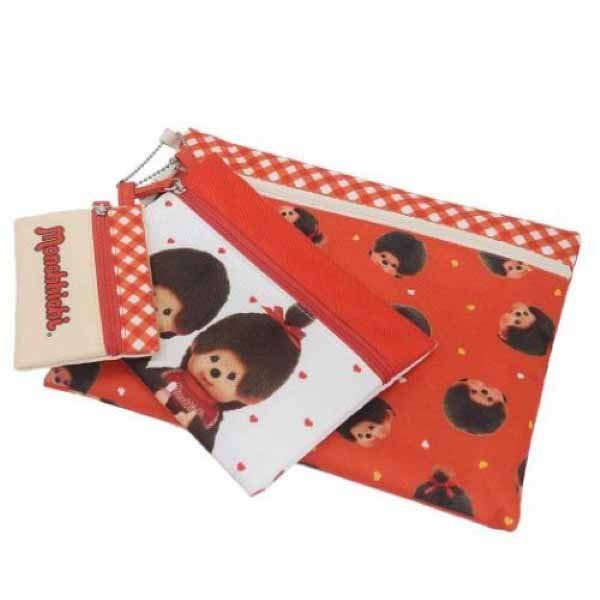 Monchhichi Flat Pouch 3pcs Set - Red Gingham