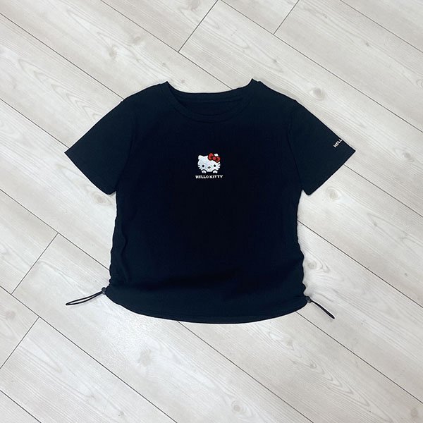 HELLO KITTY Side Drawstring Ribbed Short-Sleeve T-Shirt (Black)